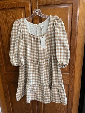 Women's Beige and White Gingham Dress with Puff Sleeves
